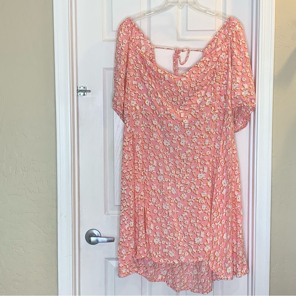 Eloquiii Pink Orange Floral Dress Puffed Sleeve Size 28